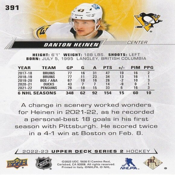 Danton Heinen - 2022/2023 Upper Deck Series 2 Hockey Card - Picture 2 of 2